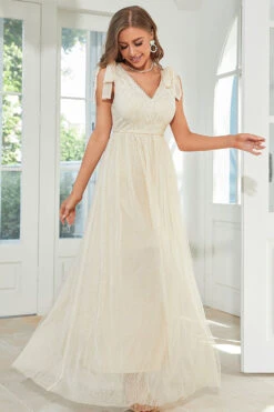 Apricot Lace Long Wedding Guest Dress With Bowknot -Zapaka Sales Store CGZL231272 Apricot 4 10 04 2023