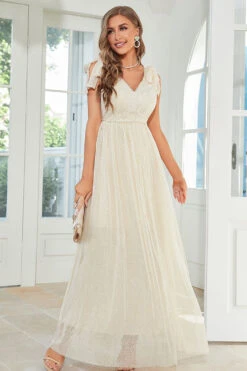 Apricot Lace Long Wedding Guest Dress With Bowknot -Zapaka Sales Store CGZL231272 Apricot 6 10 04 2023