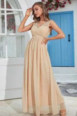 Apricot Chiffon Long Wedding Guest Dress With Lace -Zapaka Sales Store CGZL231273 Apricot 4 10 04 2023