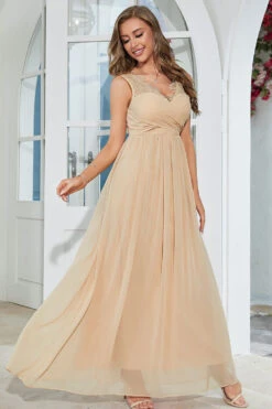 Apricot Chiffon Long Wedding Guest Dress With Lace