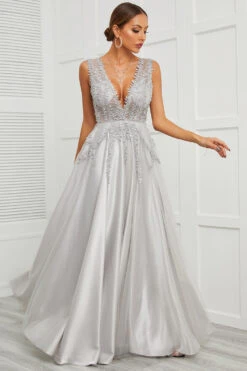 Deep V Neck Grey Long Prom Dress With Appliques
