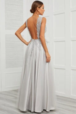 Deep V Neck Grey Long Prom Dress With Appliques -Zapaka Sales Store CM2108004 3
