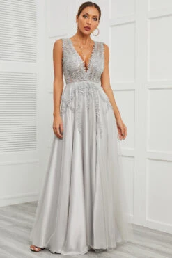 Deep V Neck Grey Long Prom Dress With Appliques -Zapaka Sales Store CM2108004 4 8d8a813d f4ef 47ed ba68 dca6969e8323