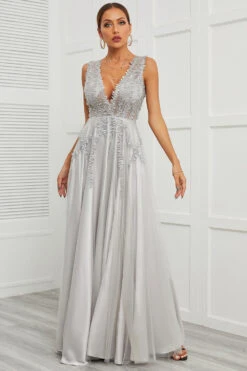 Deep V Neck Grey Long Prom Dress With Appliques -Zapaka Sales Store CM2108004 7 0315d9e5 e1d3 45d0 9764 690ed6ffc589