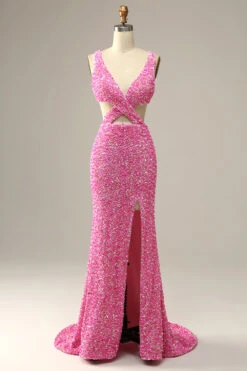 Fuchsia Sequined V-Neck Cut Out Prom Dress -Zapaka Sales Store CMYY003 Fuchsia 1 first
