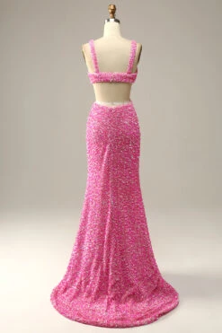 Fuchsia Sequined V-Neck Cut Out Prom Dress -Zapaka Sales Store CMYY003 Fuchsia 2
