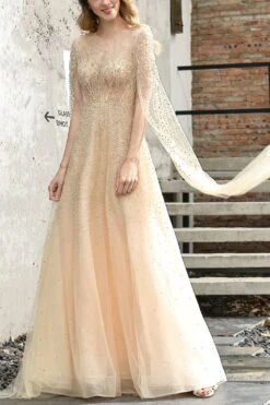 Champagne Beaded Long Prom Dress