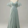 Dusty Sage Cold Shoulder A Line Long Bridesmaid Dress