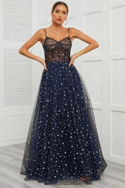 Spaghetti Straps Navy Long Prom Dress With Star -Zapaka Sales Store Image06
