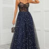 Spaghetti Straps Navy Long Prom Dress With Star