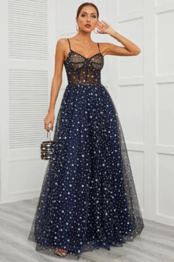 Spaghetti Straps Navy Long Prom Dress With Star