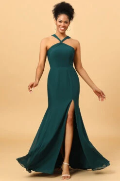 Green Mermaid Chiffon Bridesmaid Dress With Slit -Zapaka Sales Store PPDG1606 Pine 4