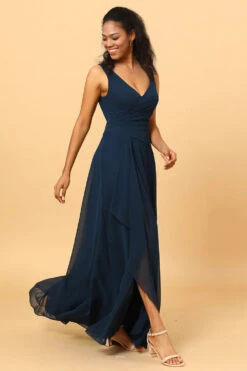 Navy V-Neck Chiffon Bridesmaid Dress With Ruffles -Zapaka Sales Store PPDG7102 20Dark 20Navy 20 3