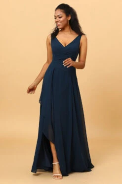 Navy V-Neck Chiffon Bridesmaid Dress With Ruffles -Zapaka Sales Store PPDG7102 20Dark 20Navy 20 4