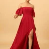 Burgundy Off The Shoulder Chiffon Bridesmaid Dress With Slit