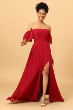 Burgundy Off The Shoulder Chiffon Bridesmaid Dress With Slit