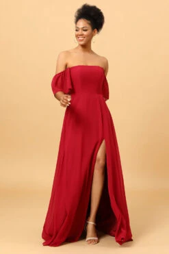 Burgundy Off The Shoulder Chiffon Bridesmaid Dress With Slit -Zapaka Sales Store PPDG7207 Burgundy 4