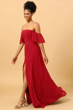 Burgundy Off The Shoulder Chiffon Bridesmaid Dress With Slit -Zapaka Sales Store PPDG7207 Burgundy 5