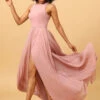 Blush Long Chiffon Pleated Bridesmaid Dress With Slit