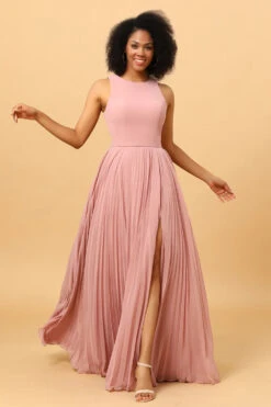 Blush Long Chiffon Pleated Bridesmaid Dress With Slit -Zapaka Sales Store PPDG7404 Dusty Rose 1