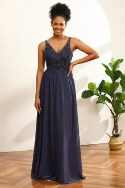 Dusty Blue Ruched Long Chiffon Bridesmaid Dress With Slit -Zapaka Sales Store PPDG8010 Navy 1