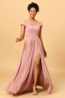 Ruffles Chiffon Pink Bridesmaid Dress With Slit