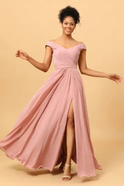 Ruffles Chiffon Pink Bridesmaid Dress With Slit -Zapaka Sales Store PPDG8212 Dusty Rose 3