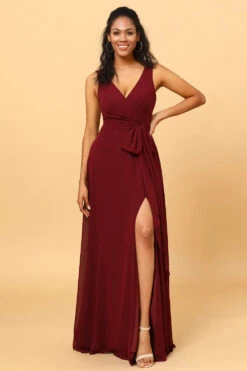 Burgundy Wrap Chiffon Bridesmaid Dress With Slit