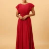 Chiffon Burgundy Bridesmaid Dress With Ruffles Sleeves