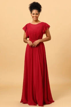 Chiffon Burgundy Bridesmaid Dress With Ruffles Sleeves