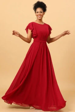 Chiffon Burgundy Bridesmaid Dress With Ruffles Sleeves -Zapaka Sales Store PPHG9805 Burgundy 3