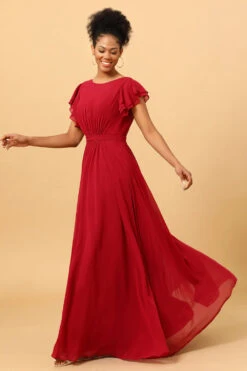 Chiffon Burgundy Bridesmaid Dress With Ruffles Sleeves -Zapaka Sales Store PPHG9805 Burgundy 5