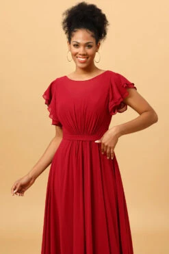 Chiffon Burgundy Bridesmaid Dress With Ruffles Sleeves -Zapaka Sales Store PPHG9805 Burgundy 6