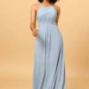 Halter Chiffon Blue Bridesmaid Dress With Ruffles