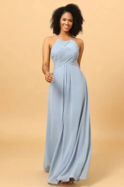 Halter Chiffon Blue Bridesmaid Dress With Ruffles