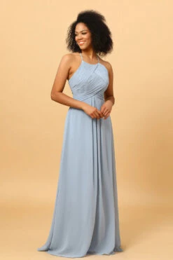 Halter Chiffon Blue Bridesmaid Dress With Ruffles -Zapaka Sales Store PPYG0904 Dusty Blue 3