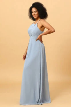 Halter Chiffon Blue Bridesmaid Dress With Ruffles -Zapaka Sales Store PPYG0904 Dusty Blue 4
