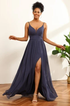 Dusty Blue Ruched Long Chiffon Bridesmaid Dress With Slit