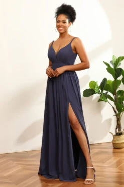 Dusty Blue Ruched Long Chiffon Bridesmaid Dress With Slit -Zapaka Sales Store PPYG3105 20Dusty 20Blue 20 3