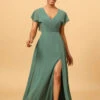 Chiffon A-line Green Bridesmaid Dress With Slit