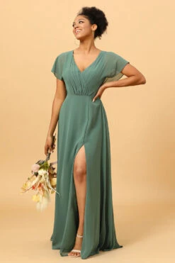 Chiffon A-line Green Bridesmaid Dress With Slit -Zapaka Sales Store PPYG3701 Eucalyptus 4 d3b547fa 9613 4f3d a217 a62a61f6a1ec