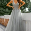 Grey V Neck Beaded Long Prom Dress