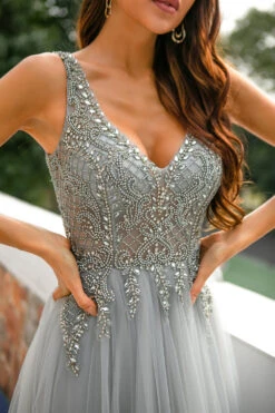 Grey V Neck Beaded Long Prom Dress -Zapaka Sales Store YPTED9011 8