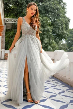 Grey V Neck Beaded Long Prom Dress -Zapaka Sales Store YPTED9011 first