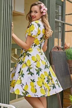 Vintage Print 1950s Swing Dress -Zapaka Sales Store YYCGHX L004102 Lemon 2