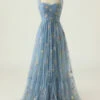Grey Blue Long Prom Dress With Embroidery
