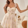 Cute A Line Spaghetti Straps Champagne Cocktail Dress With Embroidery