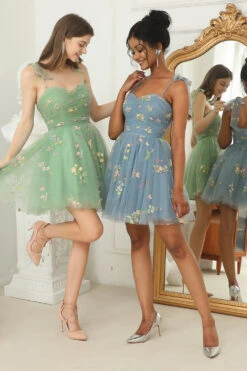 Cute A Line Spaghetti Straps Champagne Cocktail Dress With Embroidery -Zapaka Sales Store YYLH20485 Grey Blue 6