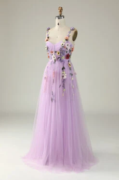 Champagne Spaghetti Straps Prom Dress With 3D Flowers 37 Champagne Spaghetti Straps Prom Dress With 3D Flowers -Zapaka Sales Store YYLH30801Purple 3