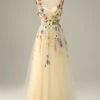 Champagne Spaghetti Straps Prom Dress With 3D Flowers